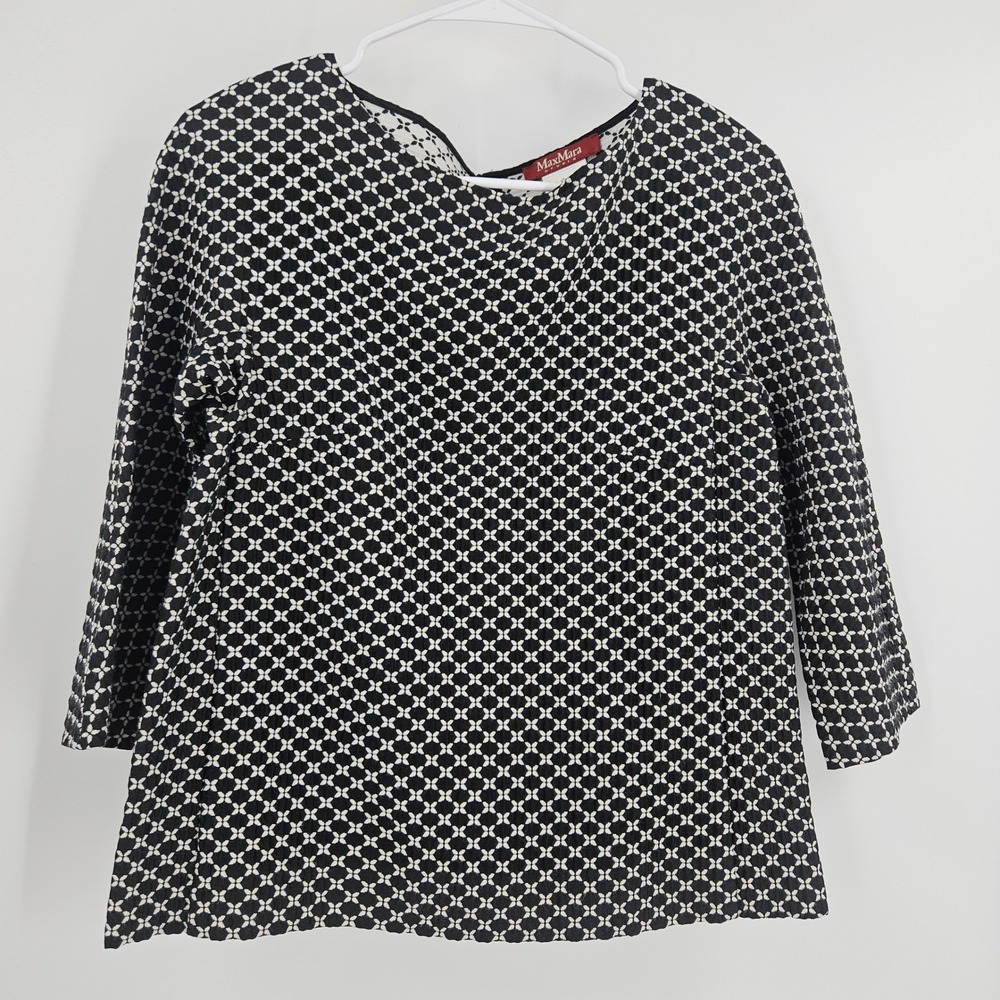 Max Mara Studio Blouse Top Black White Geometric Print 3/4 Sleeve Boxy Size US 6